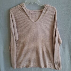 Barefoot Dreams CozyChic Lite Ribbed V-Neck Hoodie XL Rose Mauve Pink Heather